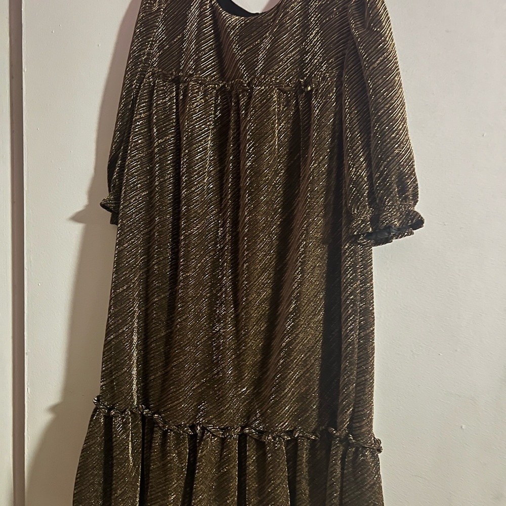 Justice Brown and Gold Tiered Puff Sleeve Sundress